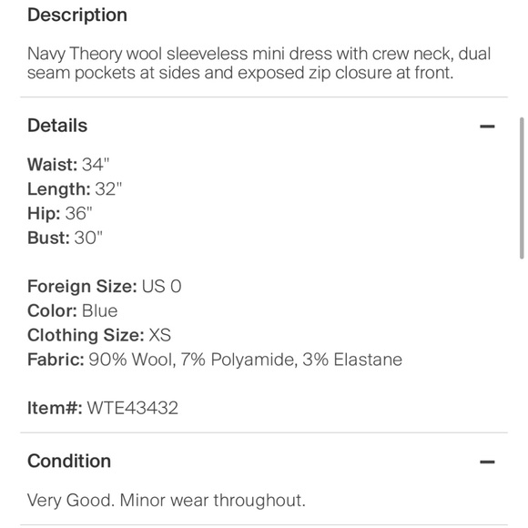 Theory Front Zip Wool Sheath Dress, Navy 0 EUC - Picture 4 of 11